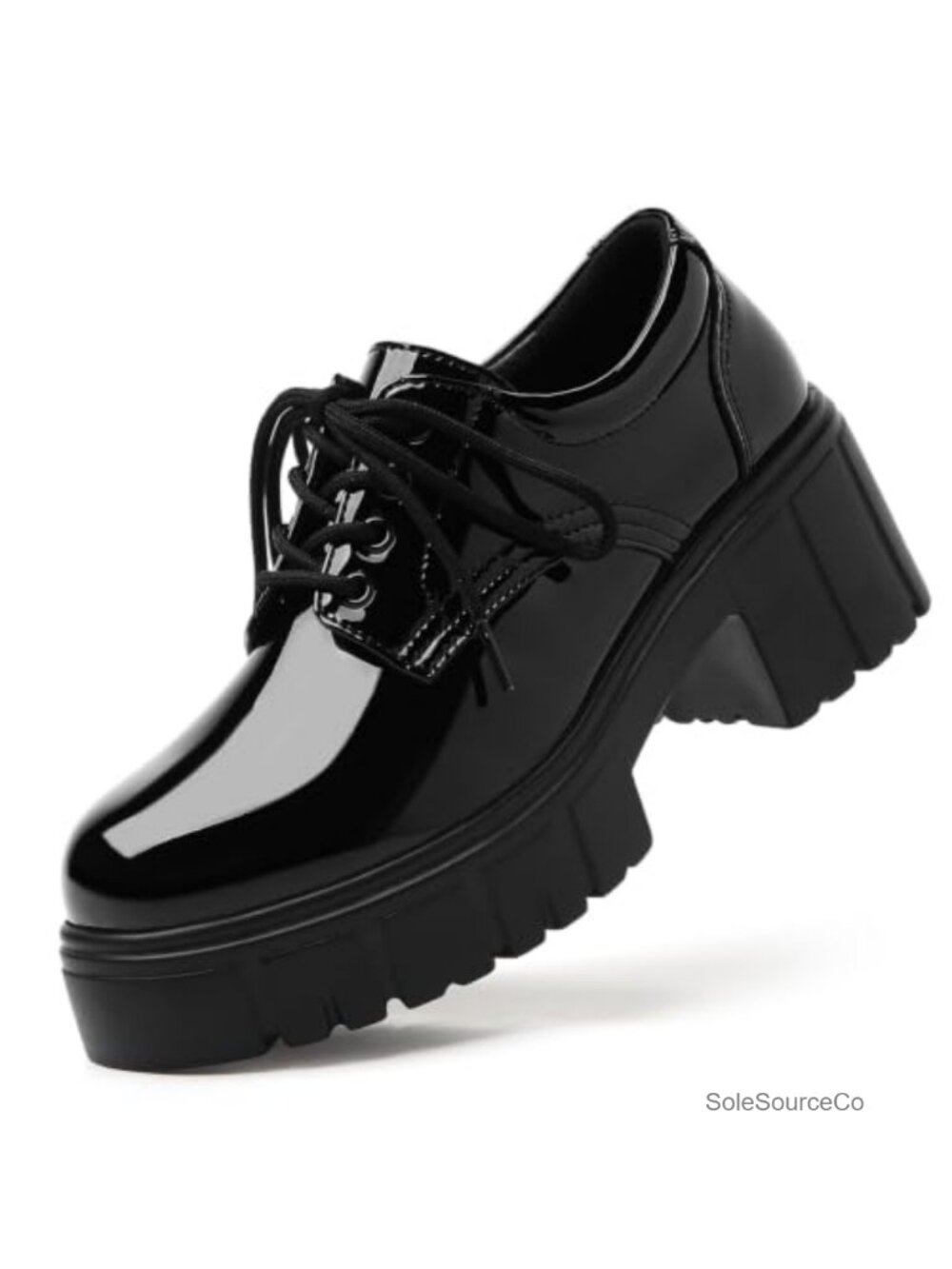 Patent Leather Platform Oxfords Women Chunky Heel Lace-Up Dress Shoes